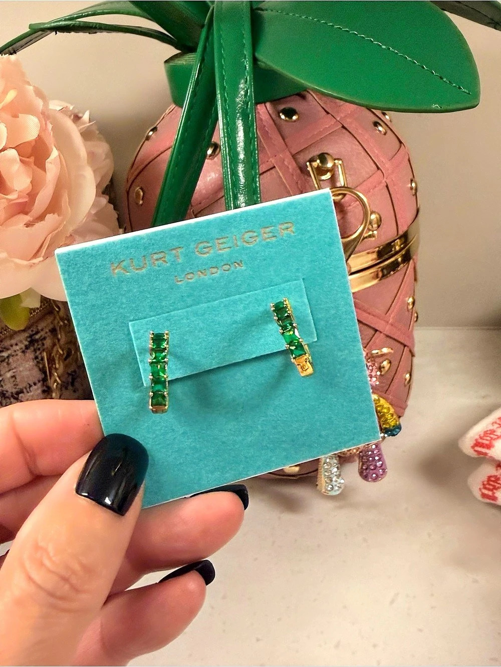 Kurt Geiger London NIP Gold Tone Huggie Hoop Earrings in Multicolor Green